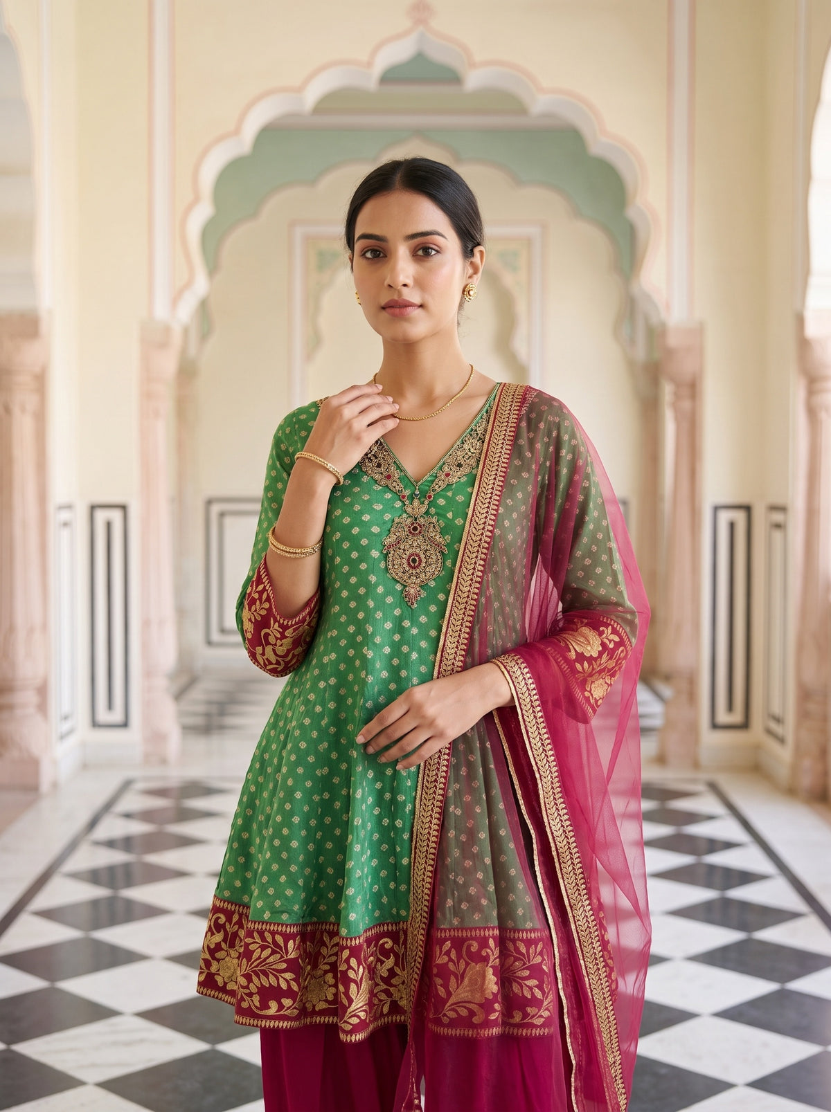 Festive Folk Rama Maroon Chinon Readymade Suit And Palazzo With Bandhani Chinon Dupatta - closeup