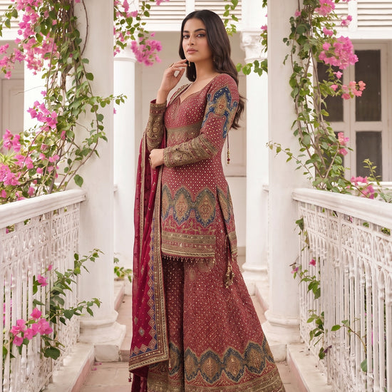 Rajkumari Maroon Crepe Readymade Heavy Embroidered Sharara Set With Net Dupatta - side