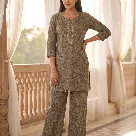 Quiet Luxe Grey Georgette Readymade Suit And Pant With Georgette Dupatta - mood