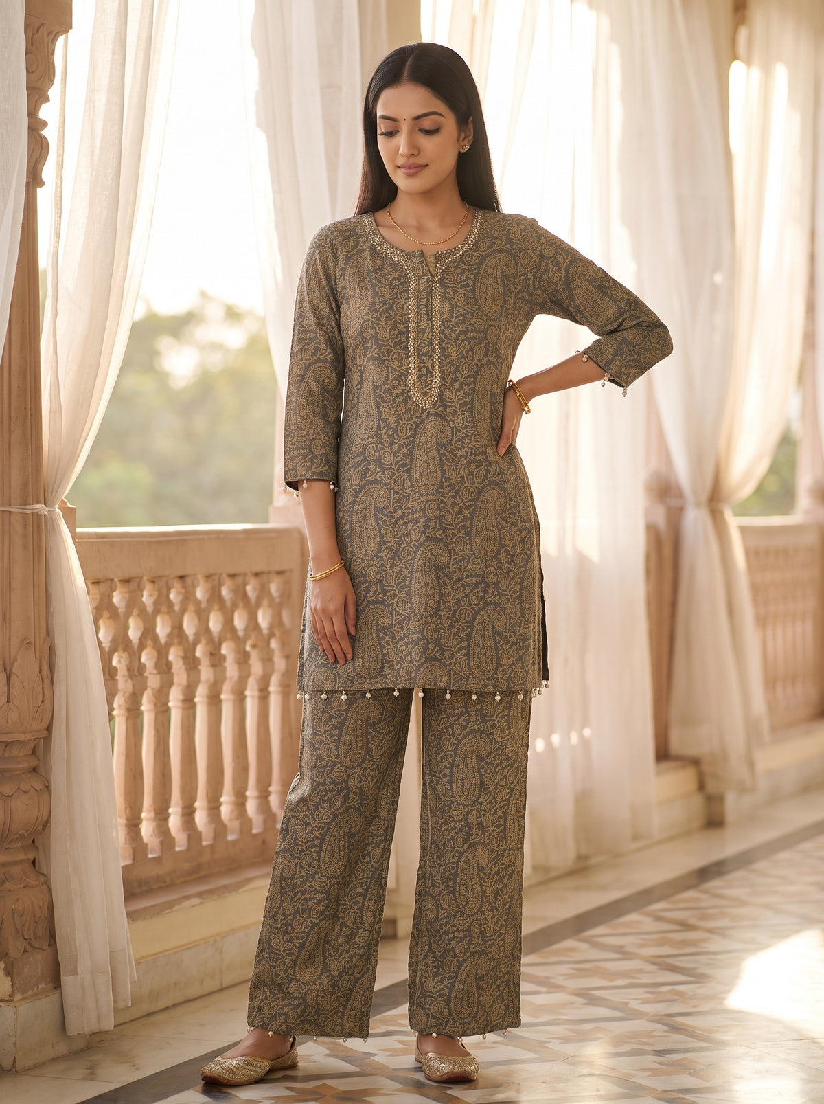 Quiet Luxe Grey Georgette Readymade Suit And Pant With Georgette Dupatta - mood