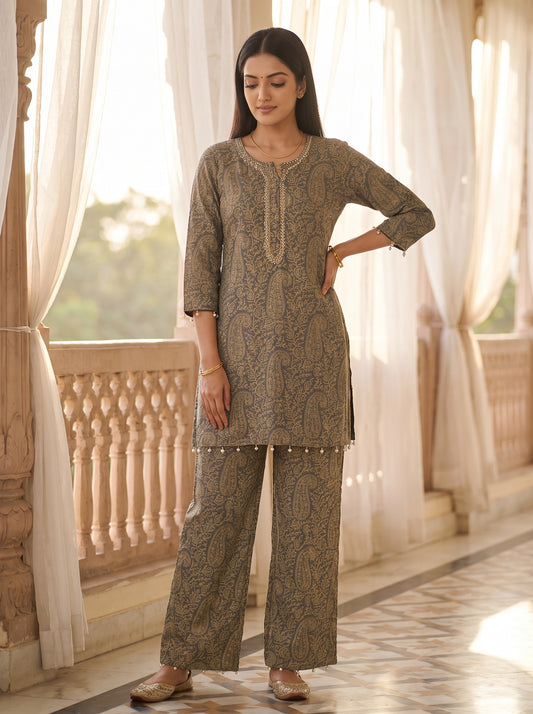 Quiet Luxe Grey Georgette Readymade Suit And Pant With Georgette Dupatta - mood