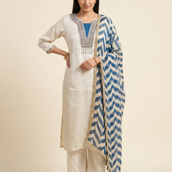 Peacock Muse Tussar Shimmer Readymade Kurta And Pant With Tissue Dupatta - hero