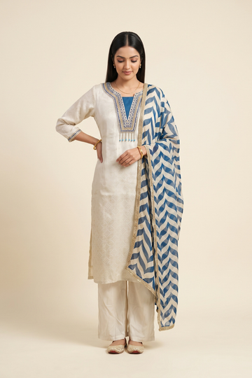 Peacock Muse Tussar Shimmer Readymade Kurta And Pant With Tissue Dupatta - hero