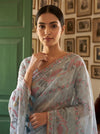 Sky Blue Chanderi Cotton Printed Saree - Close Up