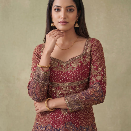Rani Mahal Maroon Crepe Readymade Heavy Embroidered Sharara Set With Dupatta - closeup