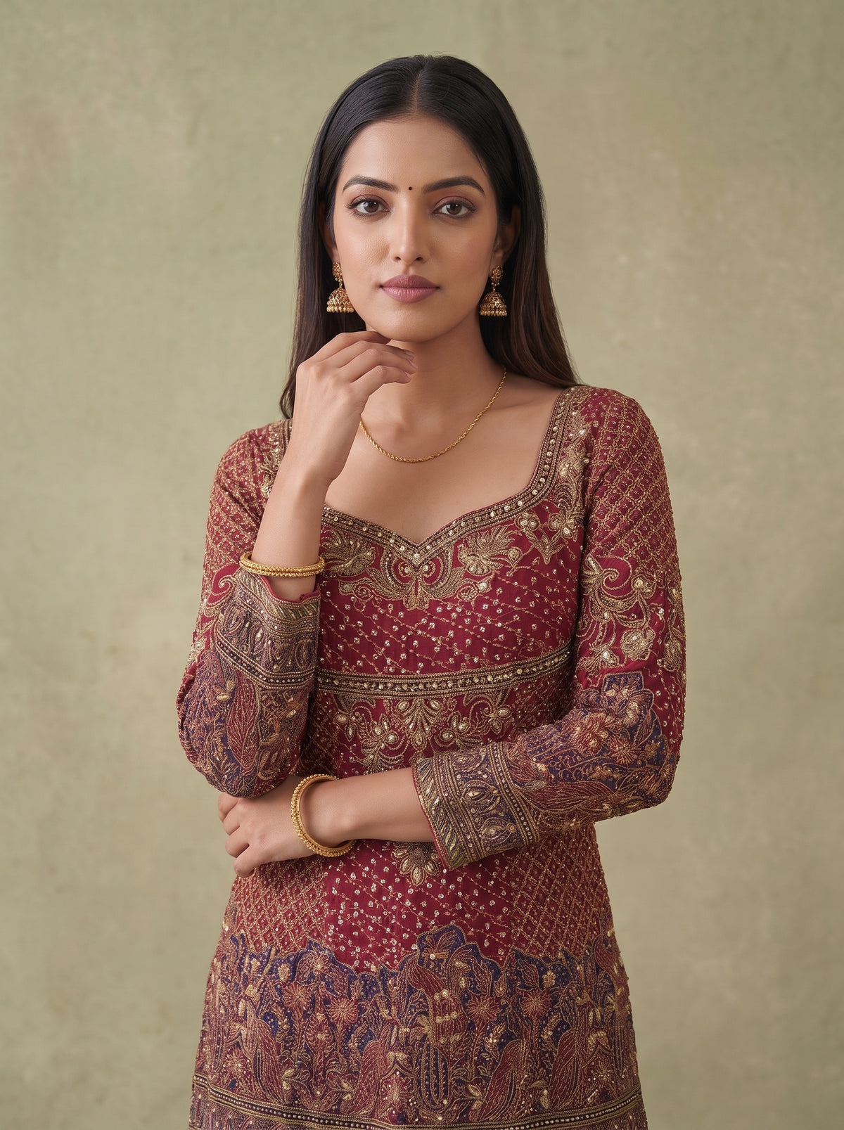 Rani Mahal Maroon Crepe Readymade Heavy Embroidered Sharara Set With Dupatta - closeup