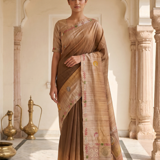 Mustard Cotton Thread Work Saree - Hero
