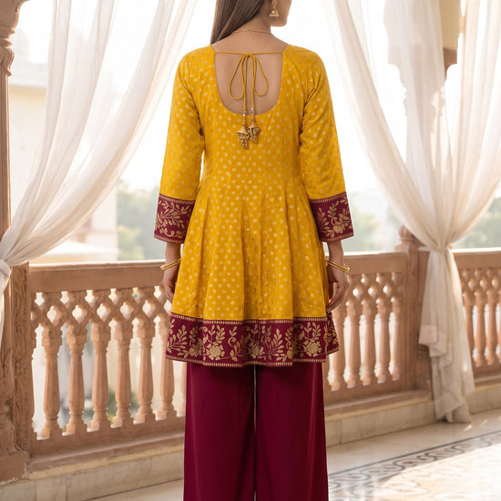 Marigold Mela Mustard Chinon Readymade Peplum Suit And Palazzo With Maroon Net Dupatta - back