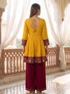 Marigold Mela Mustard Chinon Readymade Peplum Suit And Palazzo With Maroon Net Dupatta - back