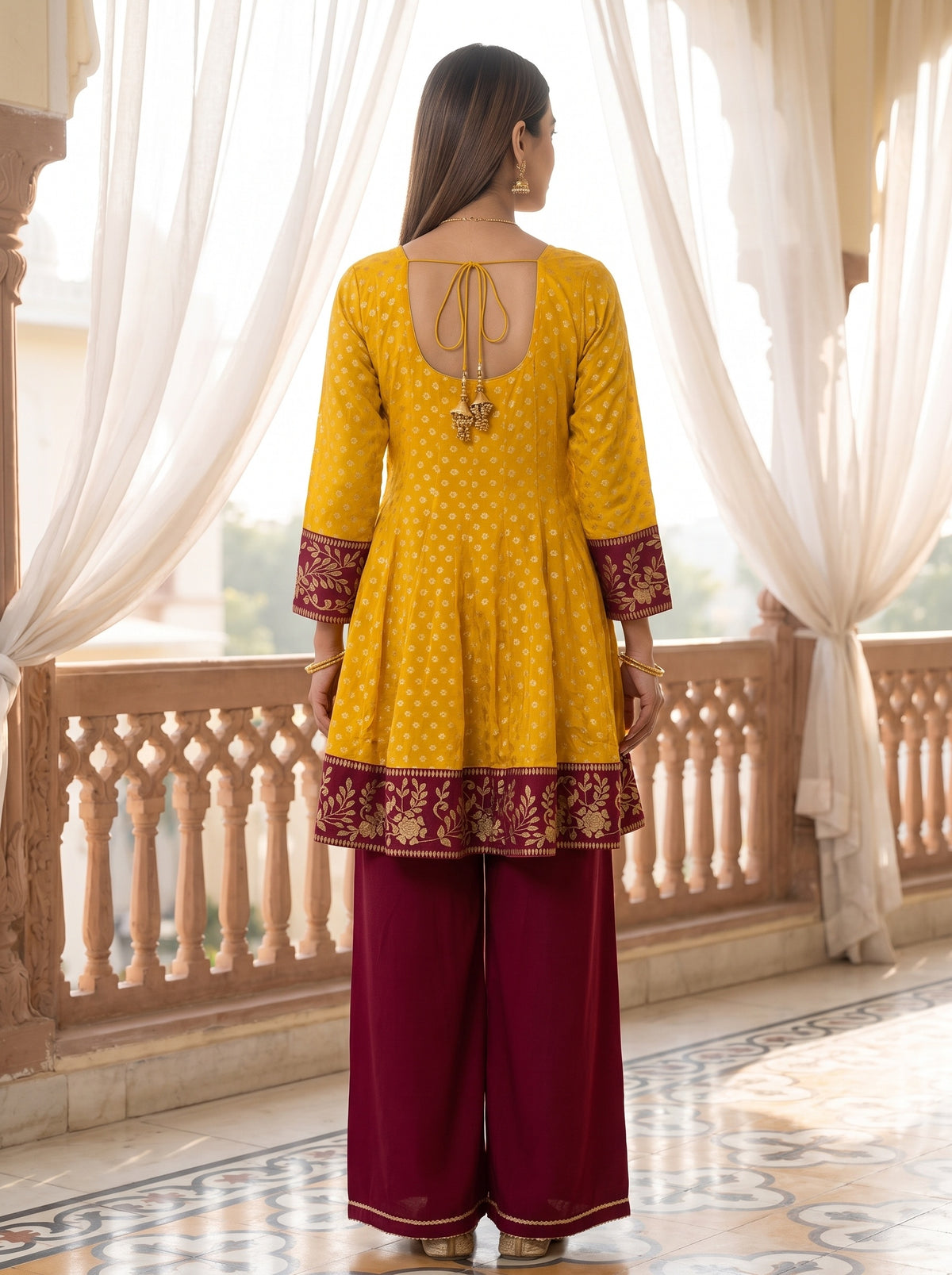 Marigold Mela Mustard Chinon Readymade Peplum Suit And Palazzo With Maroon Net Dupatta - back