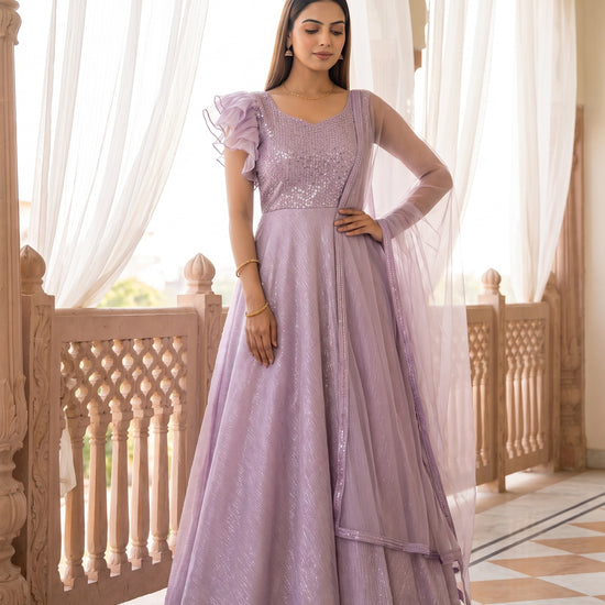 Lilac Dream Pink Lycra Readymade Anarkali Suit With Net Dupatta - mood