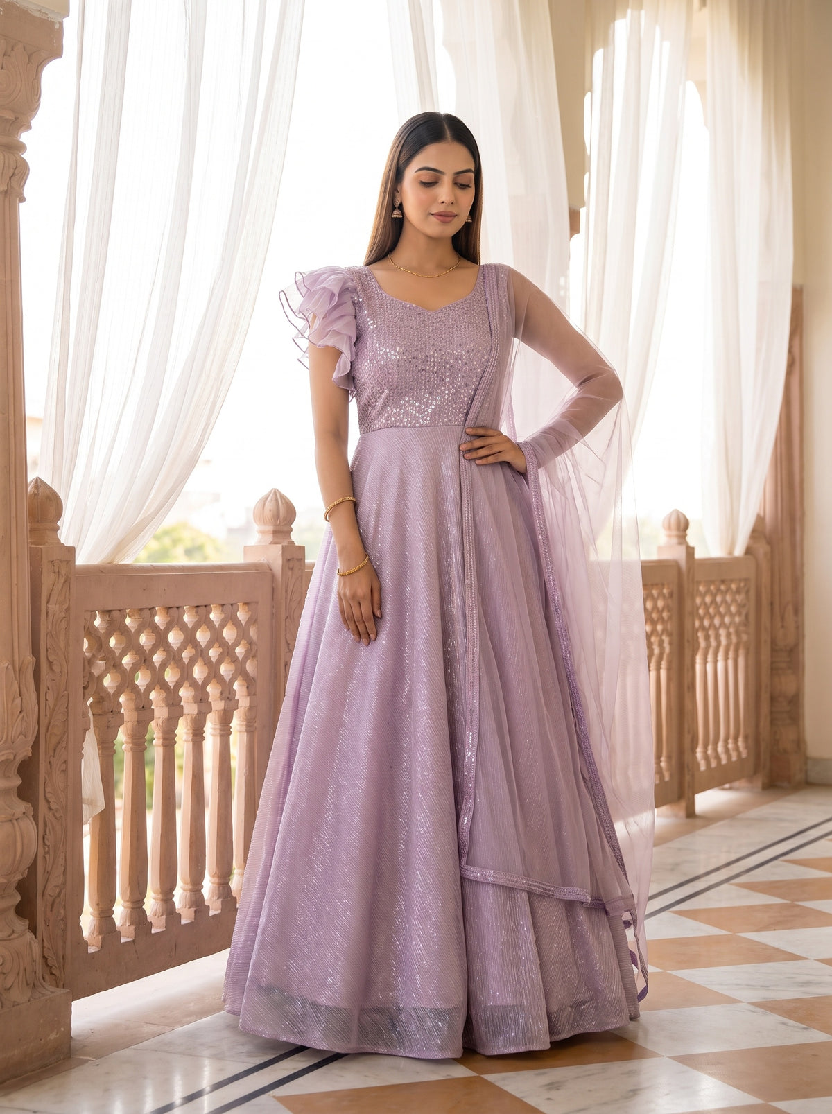Lilac Dream Pink Lycra Readymade Anarkali Suit With Net Dupatta - mood