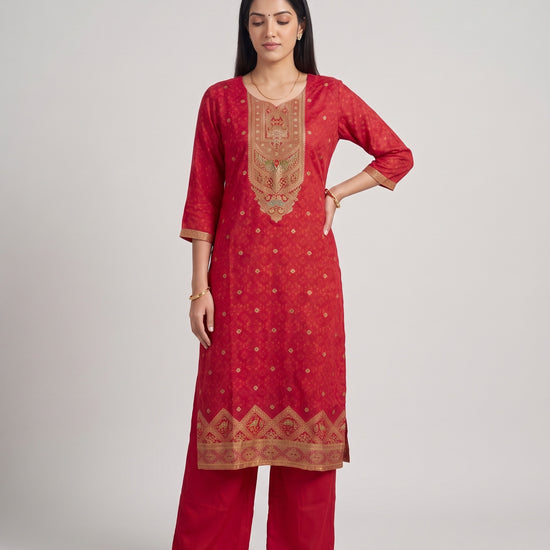 Laal Utsav Red Cotton Readymade Suit And Pant With Printed Dupatta - mood