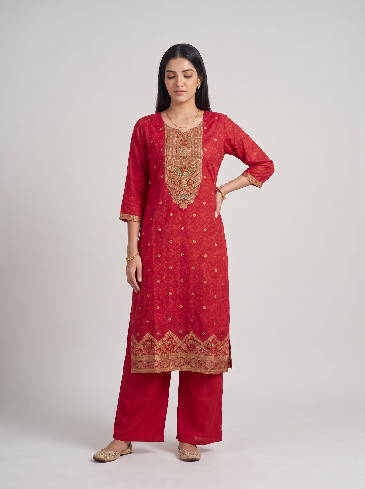 Laal Utsav Red Cotton Readymade Suit And Pant With Printed Dupatta - mood