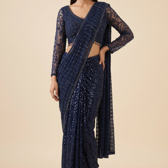 Navy Net Saree - Hero