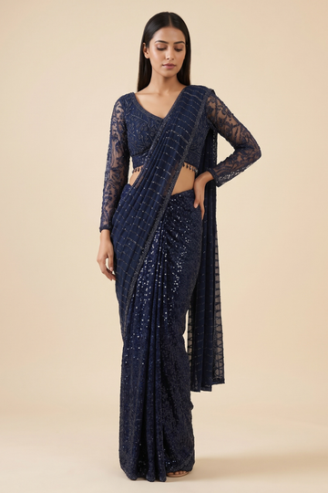 Navy Net Saree - Hero