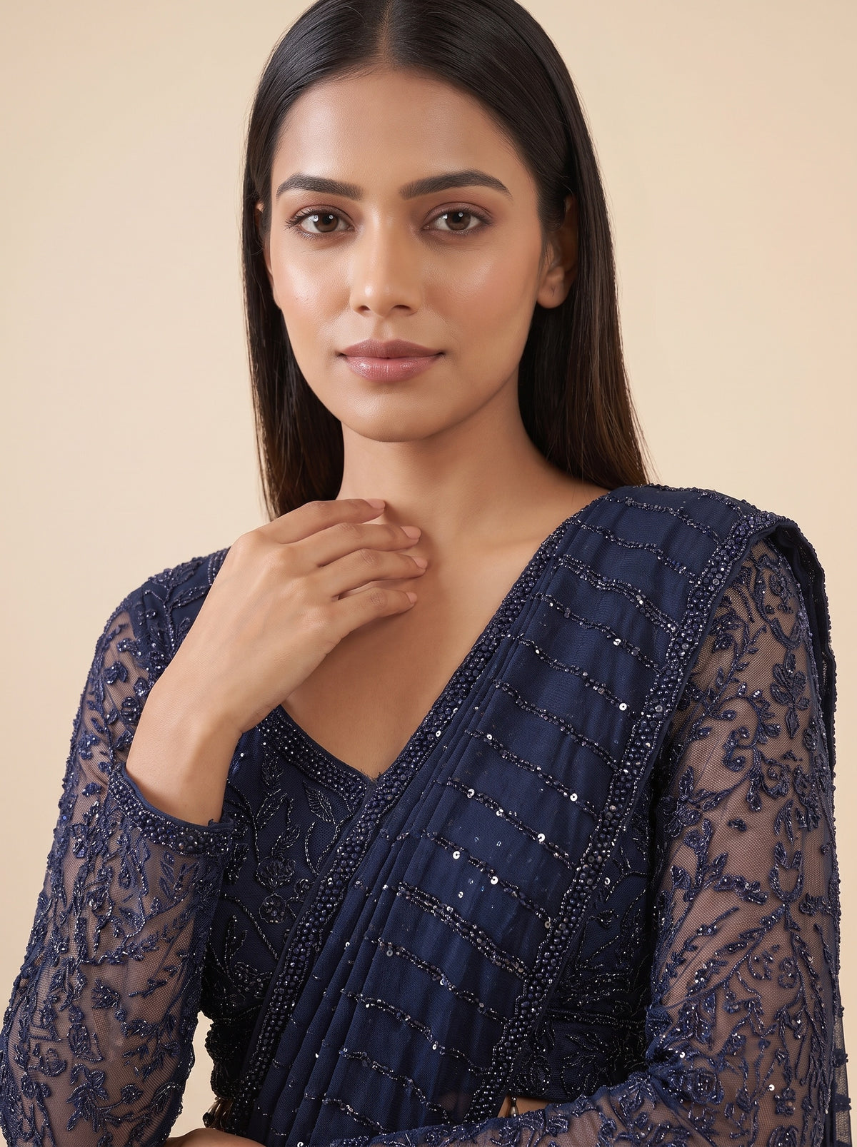 Navy Net Saree - Close Up