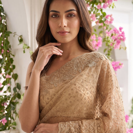 Mustard Net Saree - Close Up