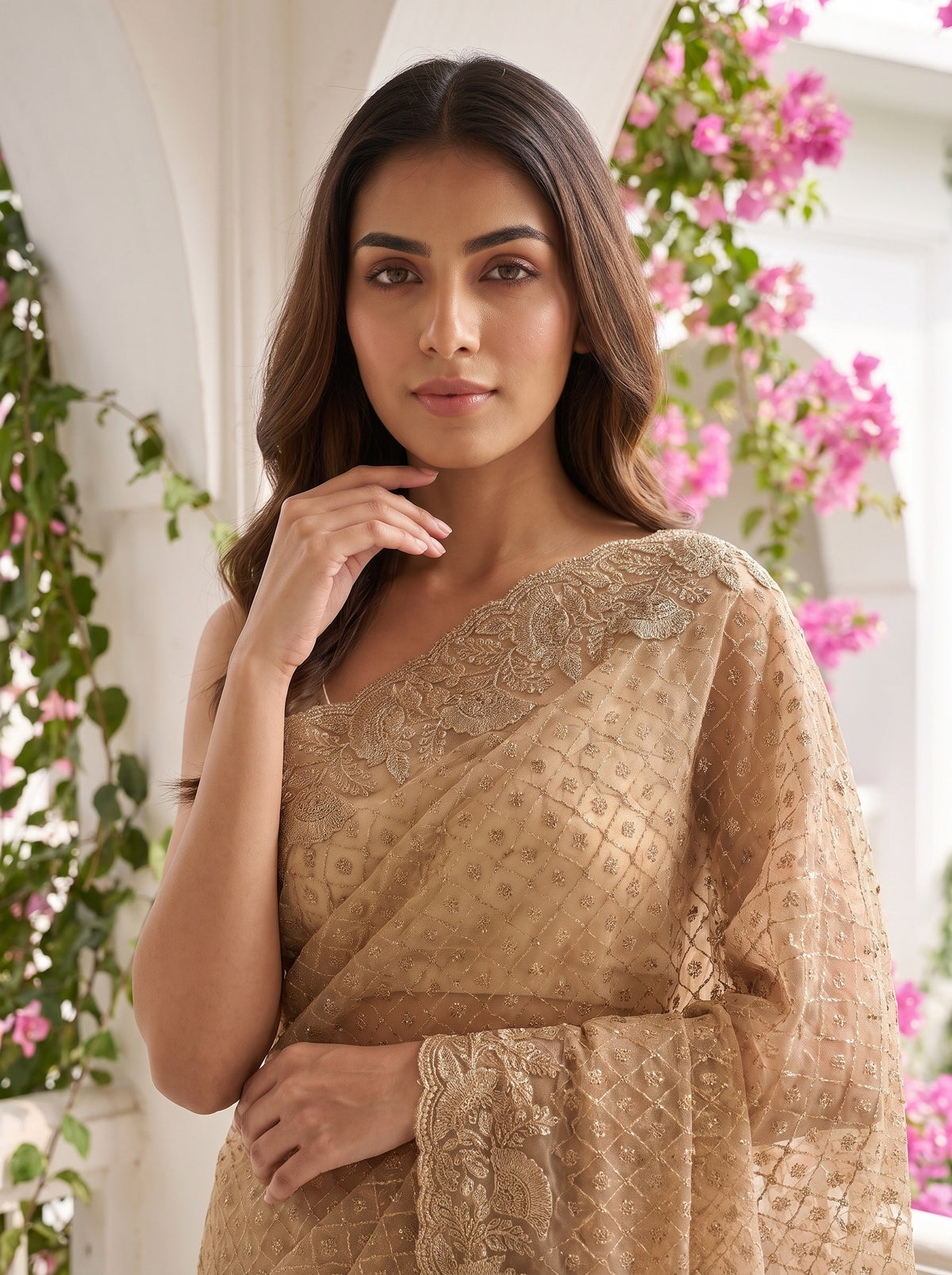 Mustard Net Saree - Close Up