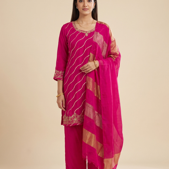 Rani Rangoli Pink Crepe Readymade Suit And Pant With Leheriya Dupatta - hero
