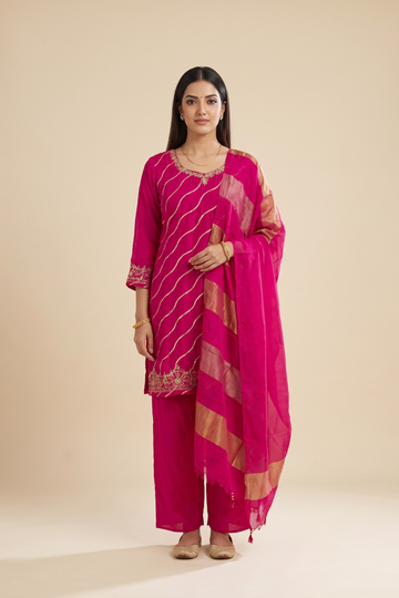 Rani Rangoli Pink Crepe Readymade Suit And Pant With Leheriya Dupatta - hero