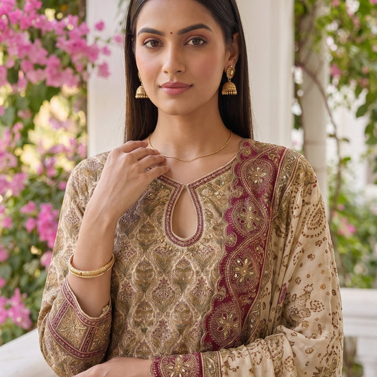 Ivory Heirloom Crepe Readymade Sharara Suit Set With Maroon Border Dupatta - closeup