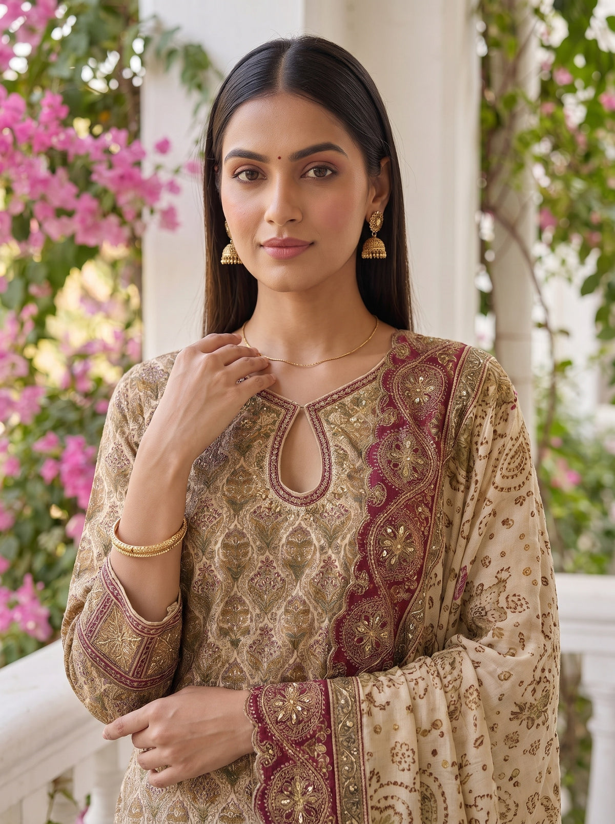 Ivory Heirloom Crepe Readymade Sharara Suit Set With Maroon Border Dupatta - closeup