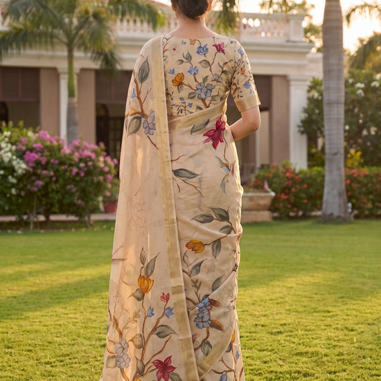 Tusser Chinon Floral Printed Saree - Back