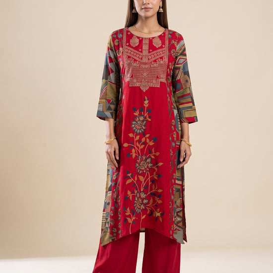 Heritage Patchwork Red Cotton Readymade Suit And Pant With Printed Dupatta - mood