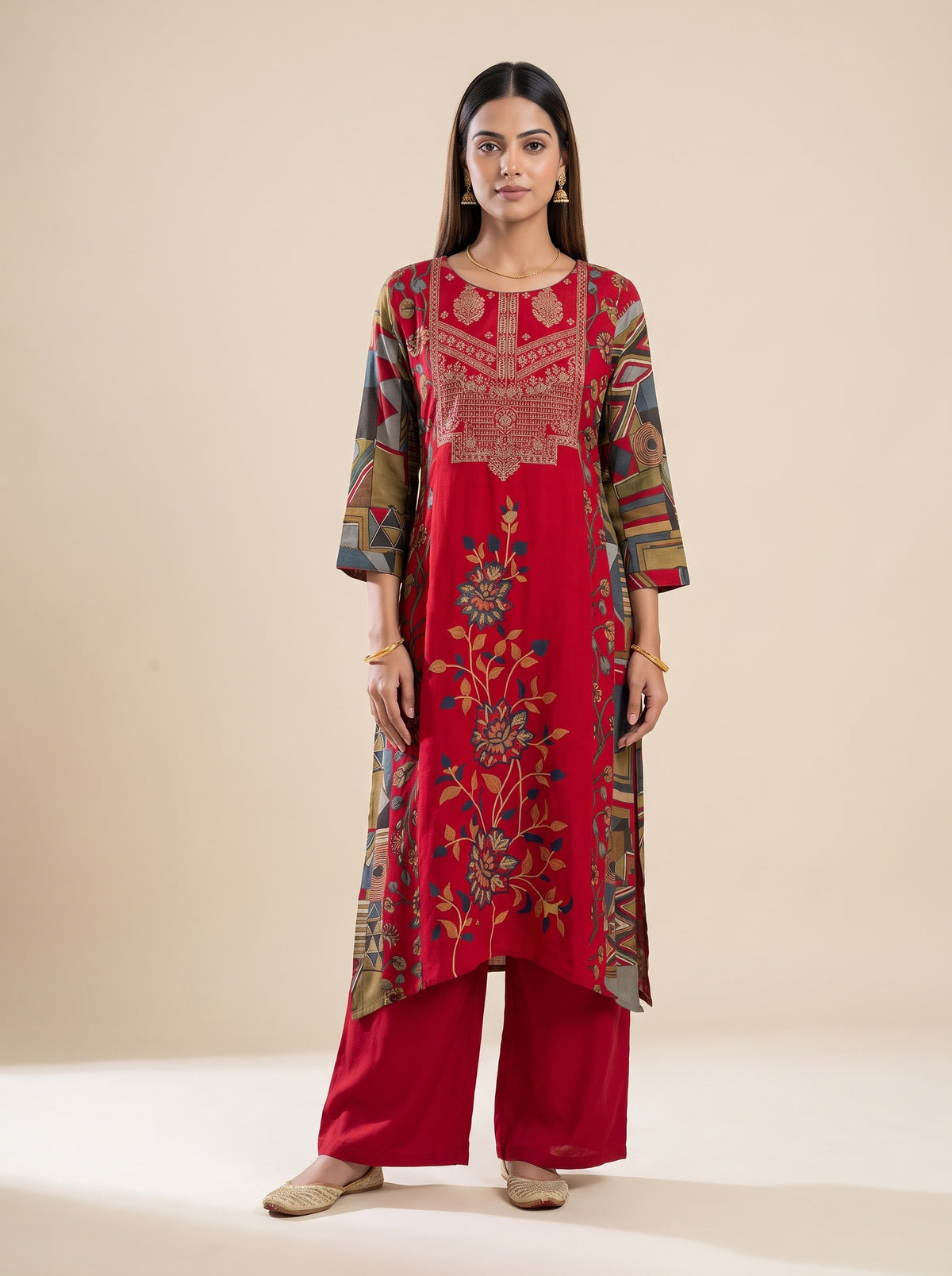 Heritage Patchwork Red Cotton Readymade Suit And Pant With Printed Dupatta - mood