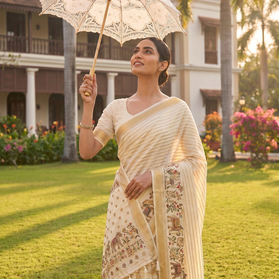 White Cotton Embroidered Saree - Mood