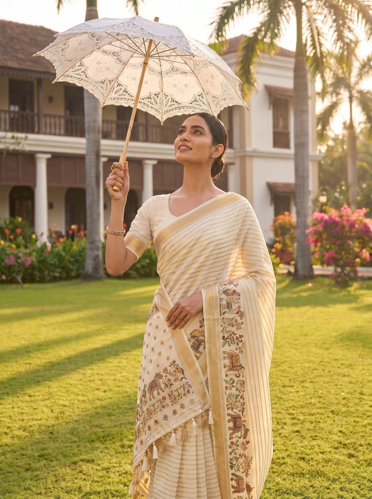 White Cotton Embroidered Saree - Mood