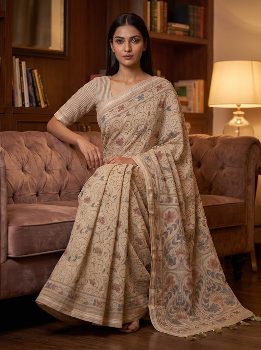 Tusser Cotton Floral Printed Saree - Mood