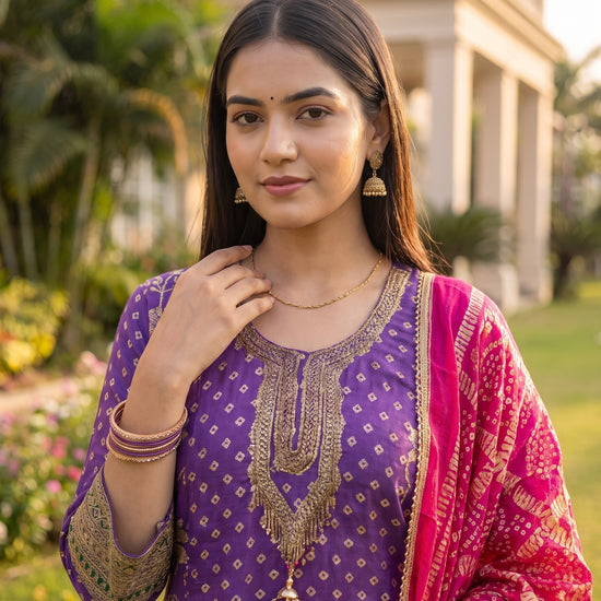 Royal Plum Purple Georgette Readymade Suit And Pant With Rani Pink Dupatta - closeup