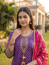 Royal Plum Purple Georgette Readymade Suit And Pant With Rani Pink Dupatta - closeup
