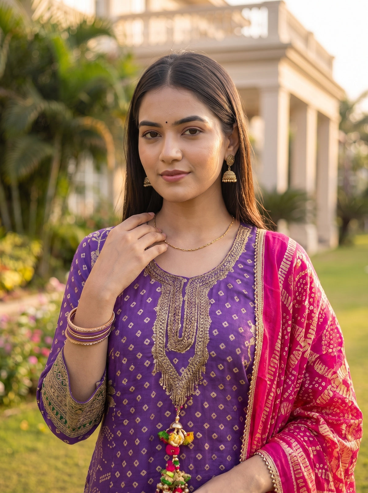 Royal Plum Purple Georgette Readymade Suit And Pant With Rani Pink Dupatta - closeup