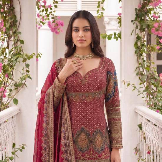 Rajkumari Maroon Crepe Readymade Heavy Embroidered Sharara Set With Net Dupatta - closeup