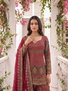 Rajkumari Maroon Crepe Readymade Heavy Embroidered Sharara Set With Net Dupatta - closeup
