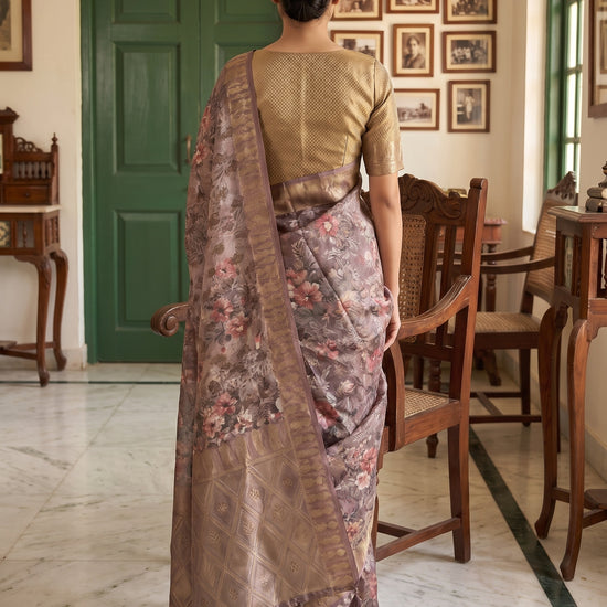Metallic Mauve Organza Floral Printed Saree - Back