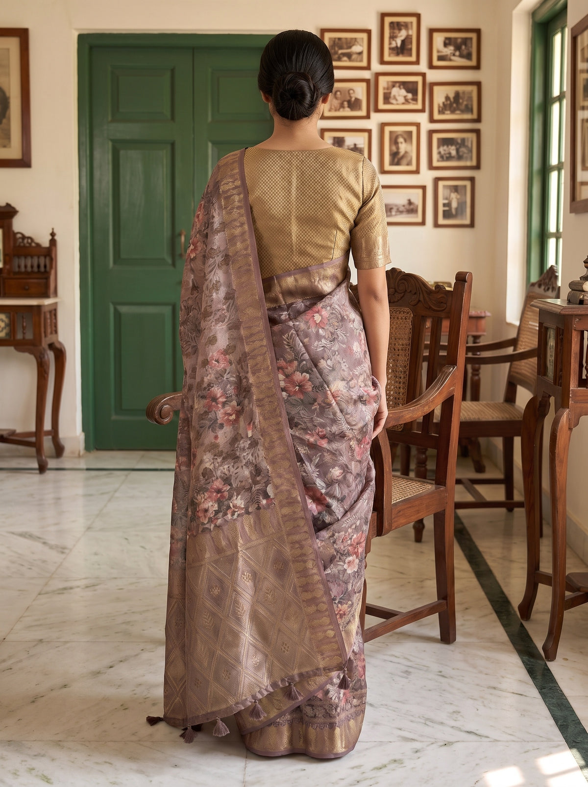 Metallic Mauve Organza Floral Printed Saree - Back
