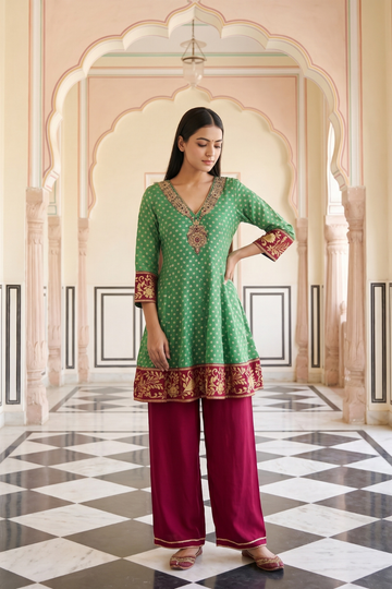 Festive Folk Rama Maroon Chinon Readymade Suit And Palazzo With Bandhani Chinon Dupatta - hero