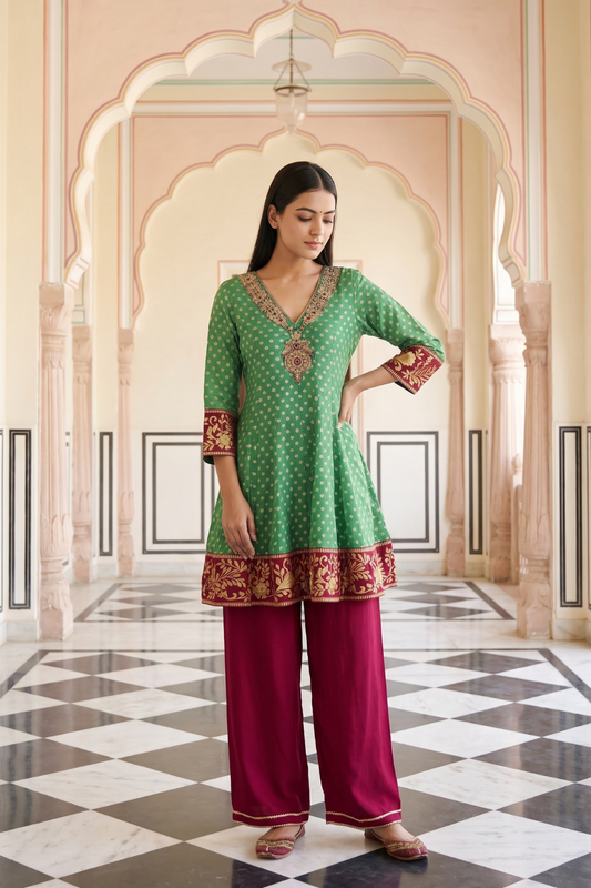 Festive Folk Rama Maroon Chinon Readymade Suit And Palazzo With Bandhani Chinon Dupatta - hero