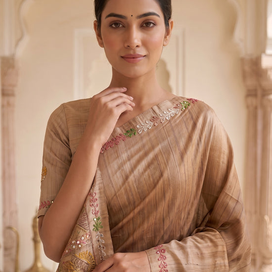Mustard Cotton Thread Work Saree - Close Up