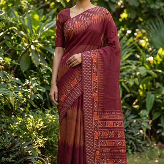 Mustard Maroon Cotton Floral Printed Saree - Hero