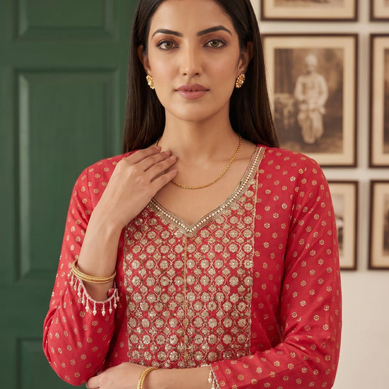 Coral Charm Coral Georgette Readymade Kurta Set - closeup