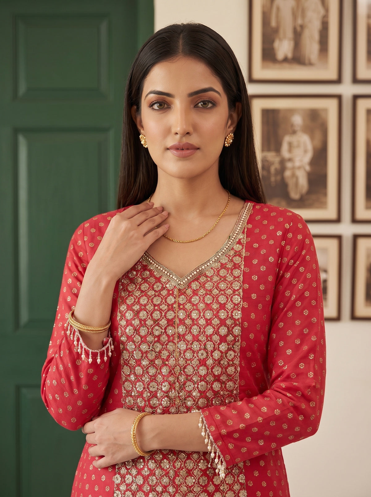 Coral Charm Coral Georgette Readymade Kurta Set - closeup