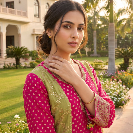 Rangeela Rani Pista Georgette Readymade Suit And Pant With Leheriya Dupatta - closeup