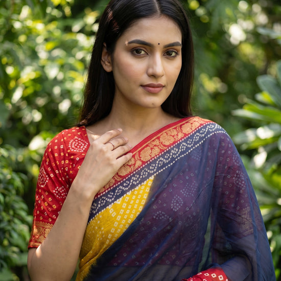 Navy Maroon Chinon Bandhini Printed Saree - Close Up
