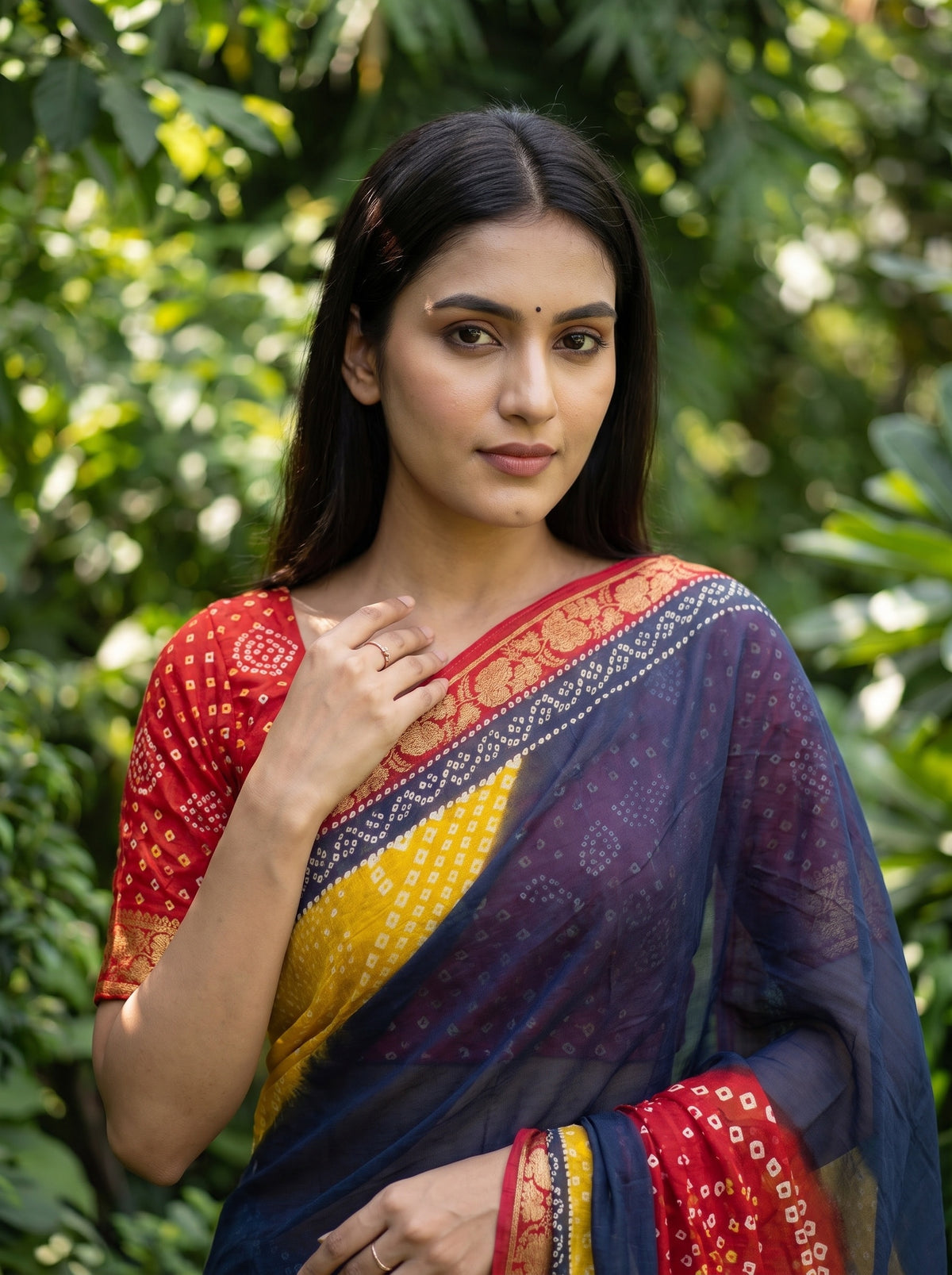 Navy Maroon Chinon Bandhini Printed Saree - Close Up