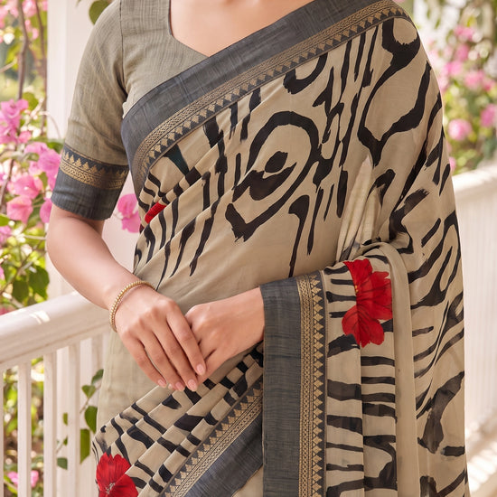 Black Tusser Cotton Floral Printed Saree - Detail